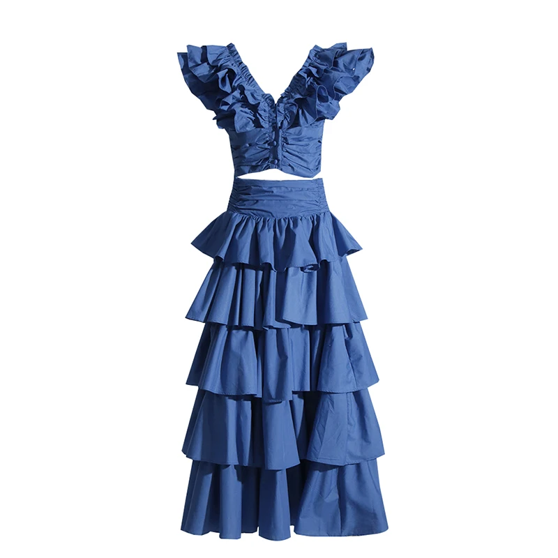 TWOTWINSTYLE Summer V Neck Short Sleeve Tierred Ruffles 2 Pieces Skirt And Top Set For Women