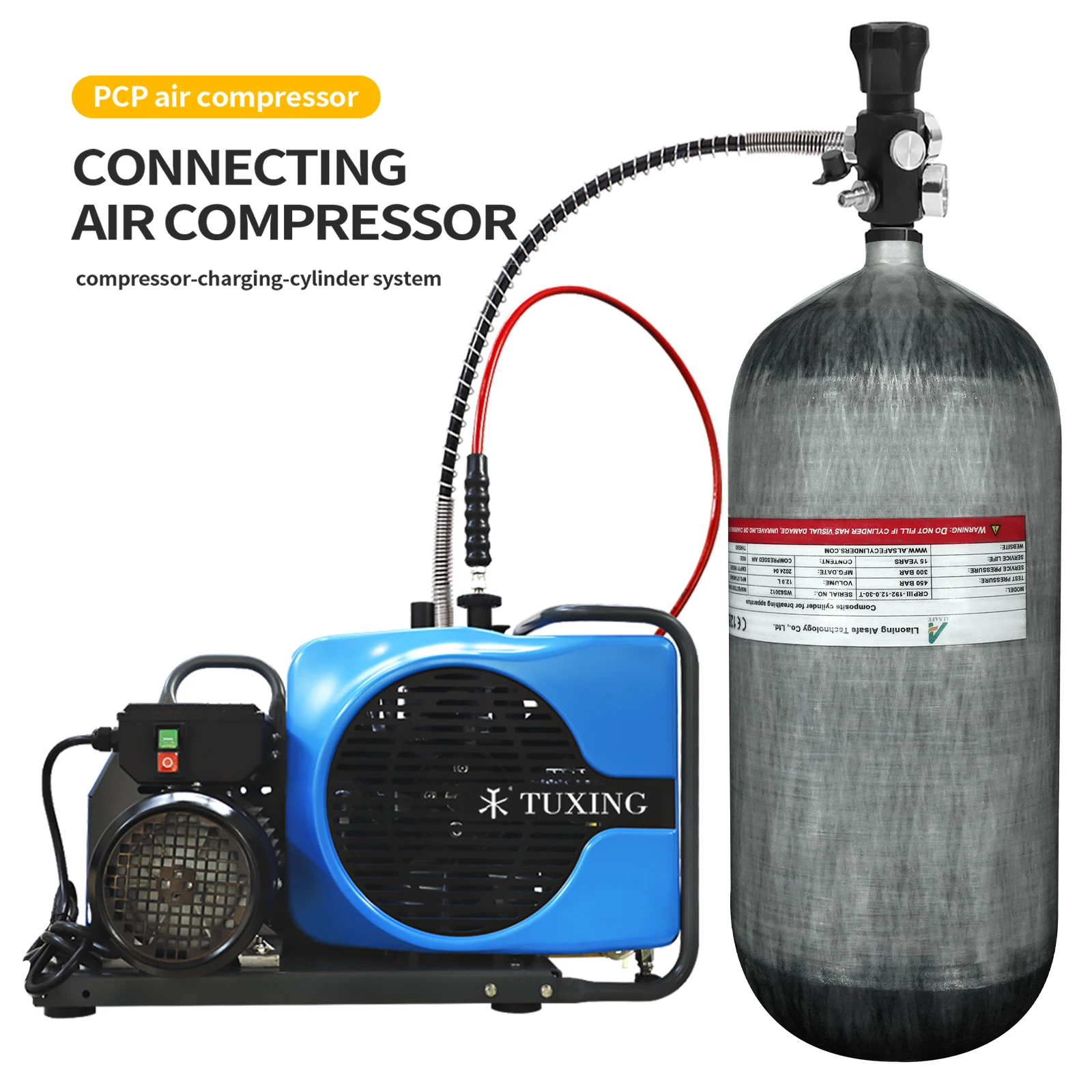 TUXING Long-Term Use Durable Customizable 300bar 30Mpa 4500psi 12Liters Big Capacity PCP Carbon Fiber Cylinder For Scuba Diving