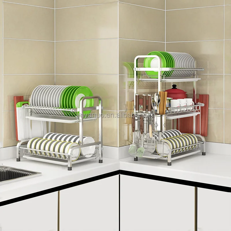 Dish Drying Rack 2 Tiers Dish Rack and Drainboard Set for Kitchen Counter Kitchen Shelf Storage Storage Holders & Racks Standing