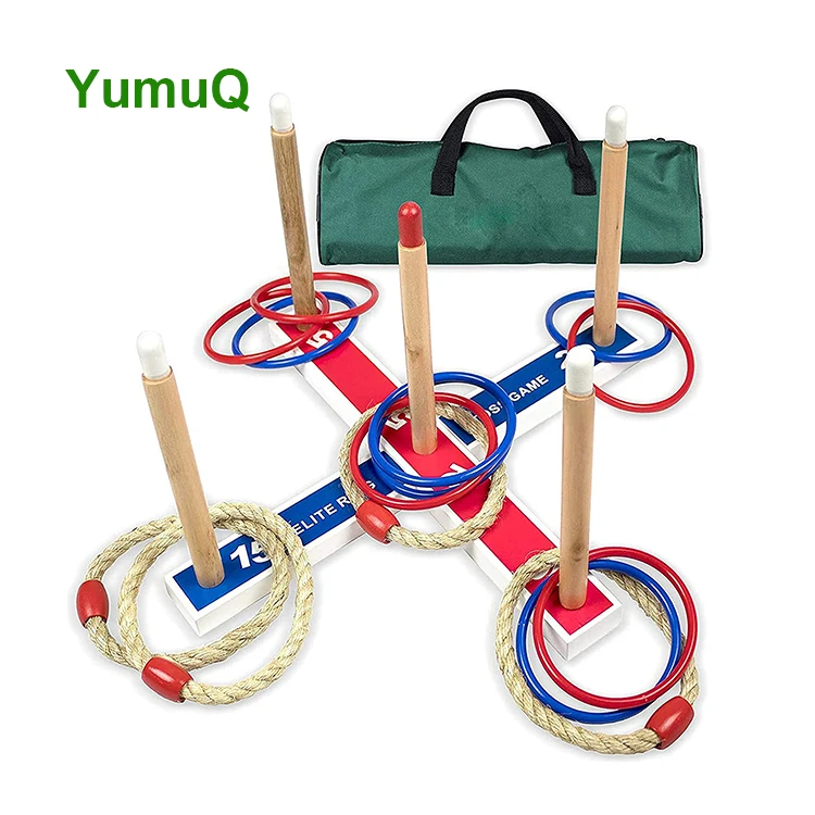 YumuQ New Design Wonderful Garden Toys Wood Base Wooden Stick Ring Toss Yard Game Set