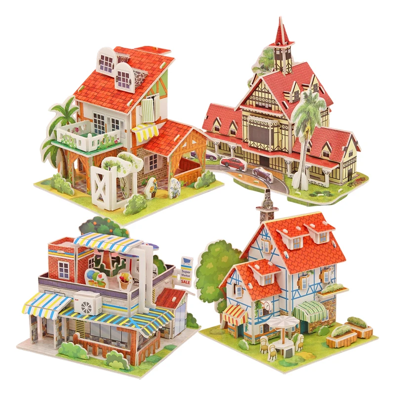 Custom 3D mini jigsaw puzzle World Village House Building 3D Puzzle Model Construction diy jigsaw puzzle Toys For Kids