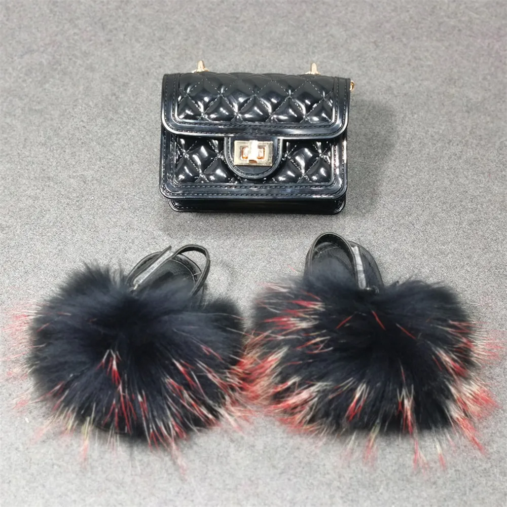 
Modern Cheap Slippers Girl Soft Sole Real Racoon Fur Sandals Kids Matching Jelly Purse And Fur Slides With Strap 