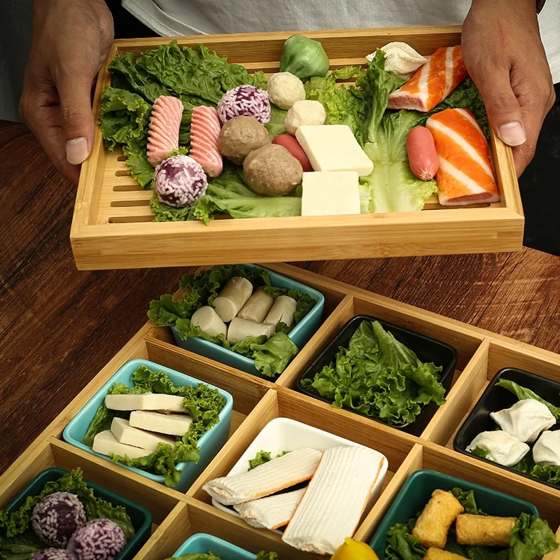 Bamboo Wooden Multi Compartment Hotpot Serving Tray  Bamboo Nine-grid Wood Tableware Snack Plate