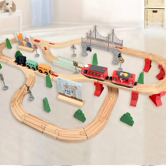 Educational Wooden Train For Toddler With Wooden Tracks Expandable Changeable Train Toy Set Wooden Train Set