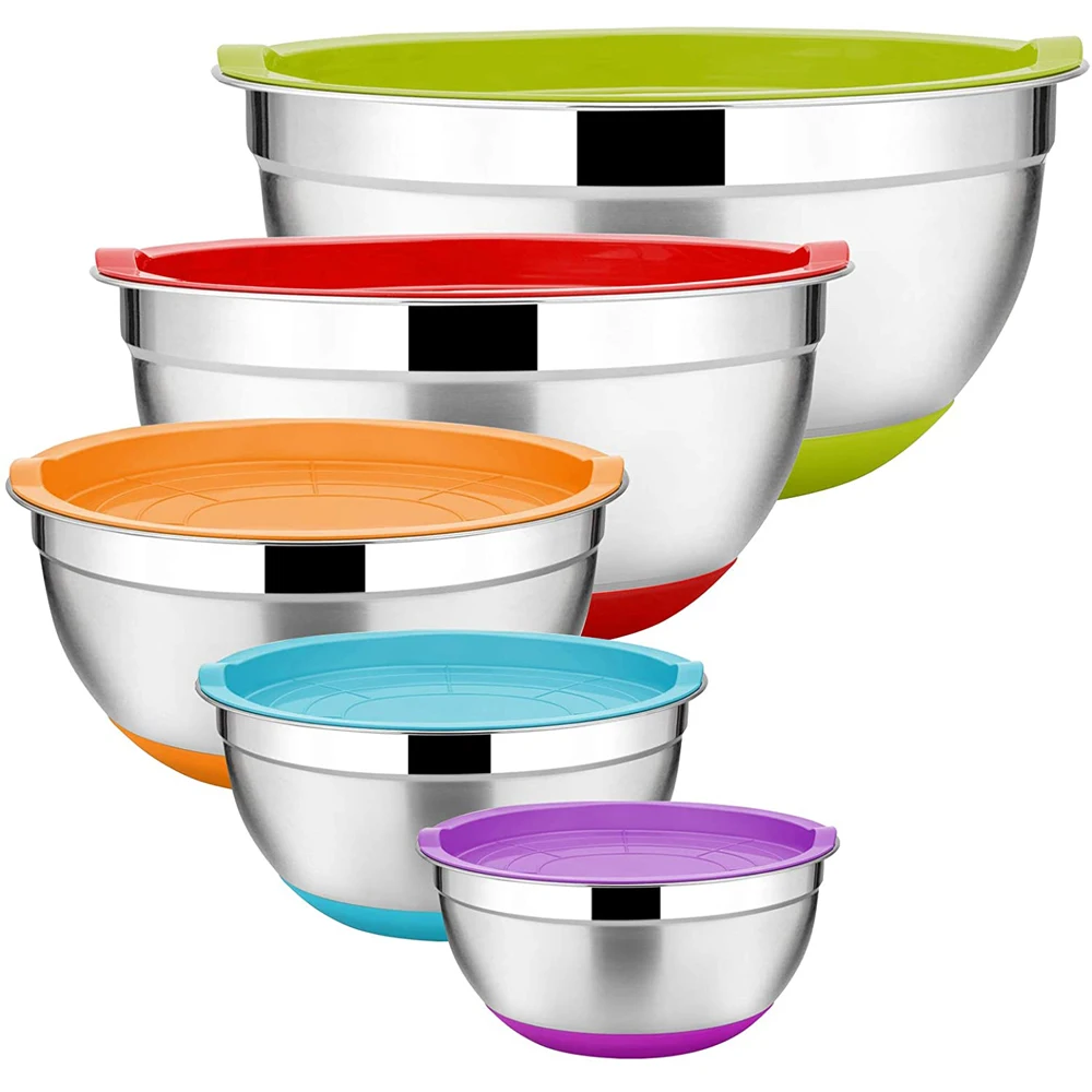 5pcs color mixing bowl set non-slip silicone base stainless steel baking cake mixing bowl set with airtight lids set of 5