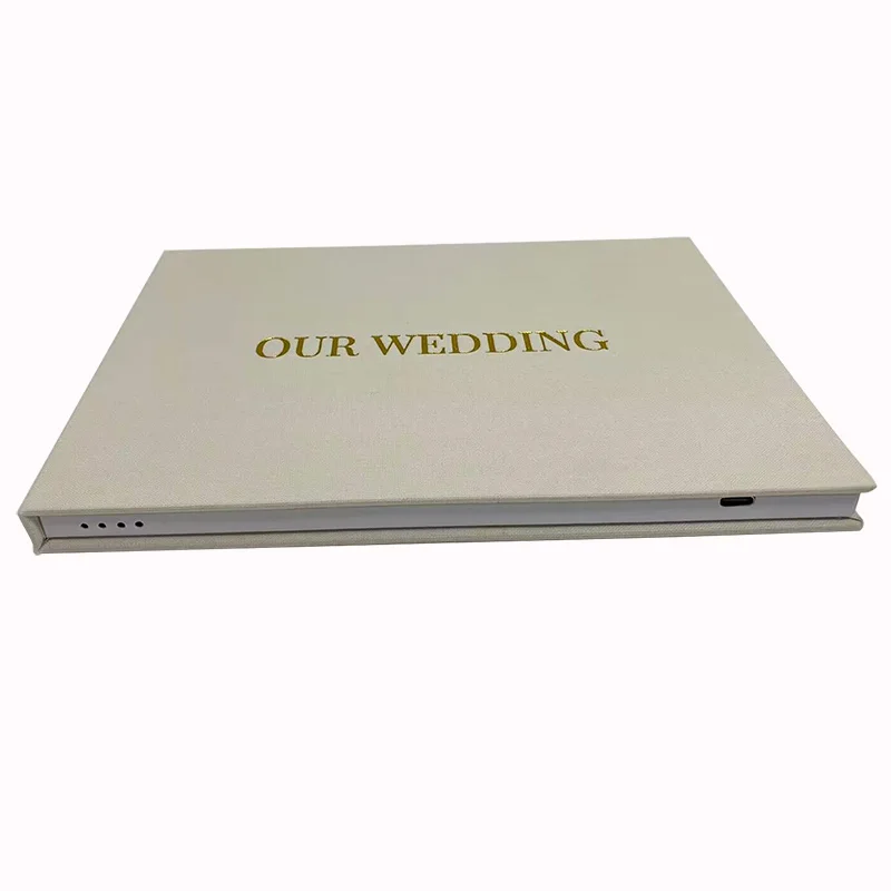 Electronic wedding favors memory book hard cover linen material with golden foil stamping