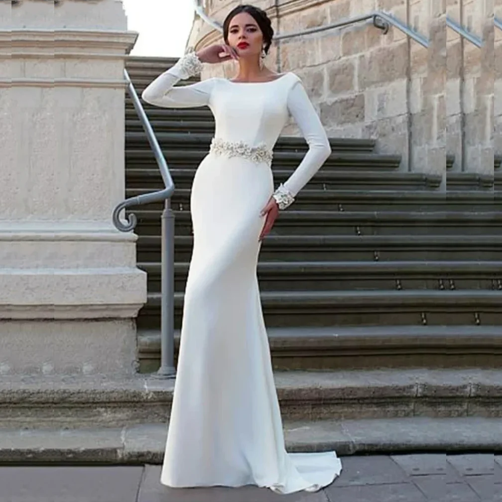 Graceful Long Sleeves Bride Robe Sheath Wedding Dresses Elegant Scoop Neck Satin Vestido De Noiva 2024 Bridal Wedding Gowns