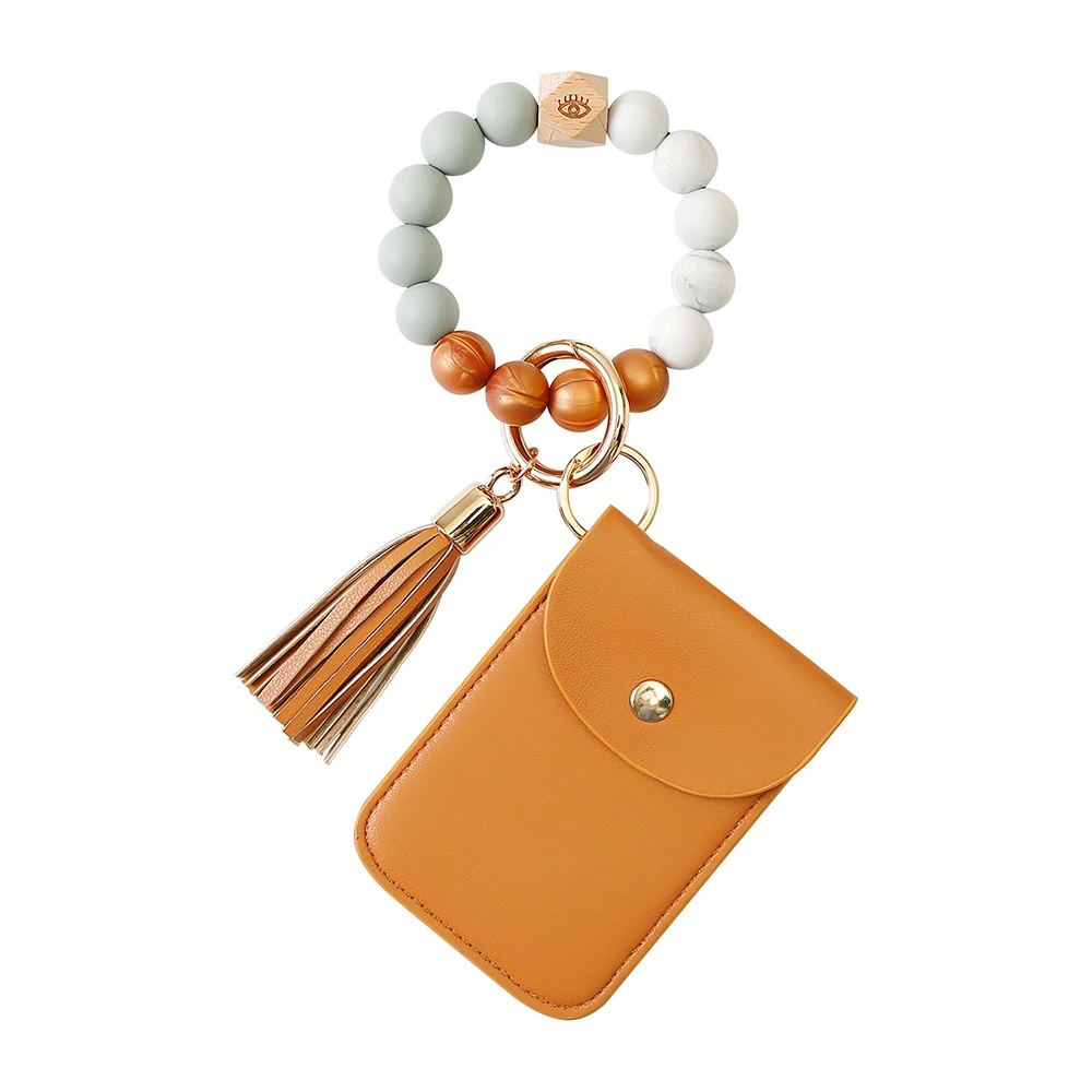 Keychain Wristlet Wallet With Bangle Bracelet Key Ring Colorful Beads Holder Gifts Holiday Women