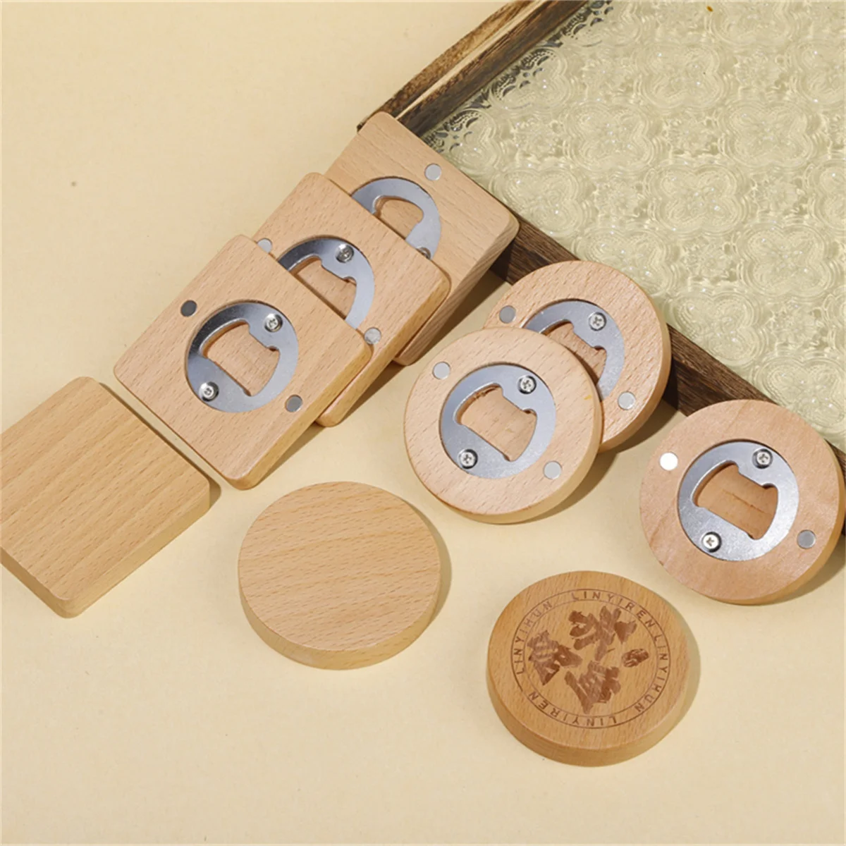 Eco-friendly portable Magnetic Round Wooden Bamboo Fridge Magnet Custom Bottle Opener