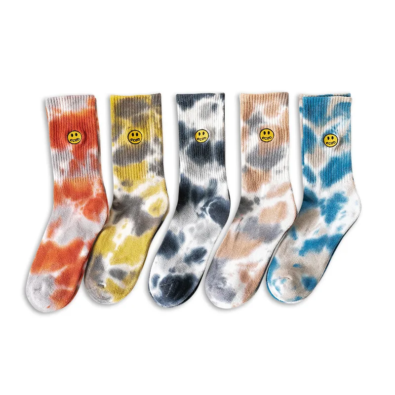 Fashion Brand Paint-splashing Nk Style Trendy Unisex Slouch Tie Dye Sox Happy Face Custom Embroidered Mid-length Tye Dye Socks