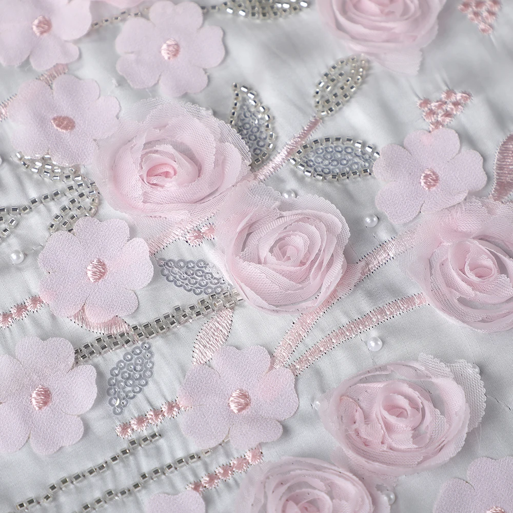 2024 New Popularity Hot Sale Products  Lace Embroidery Fabric Beaded Heavy White Bridal Beaded Fabric