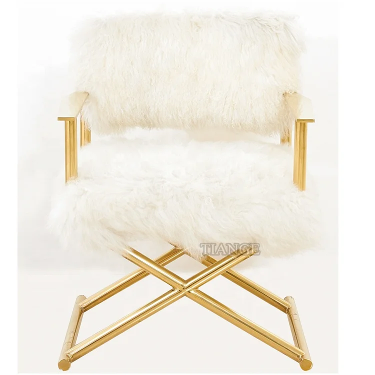 design Mongolian Fur Jodi White Sheepskin polished Gold Armchair