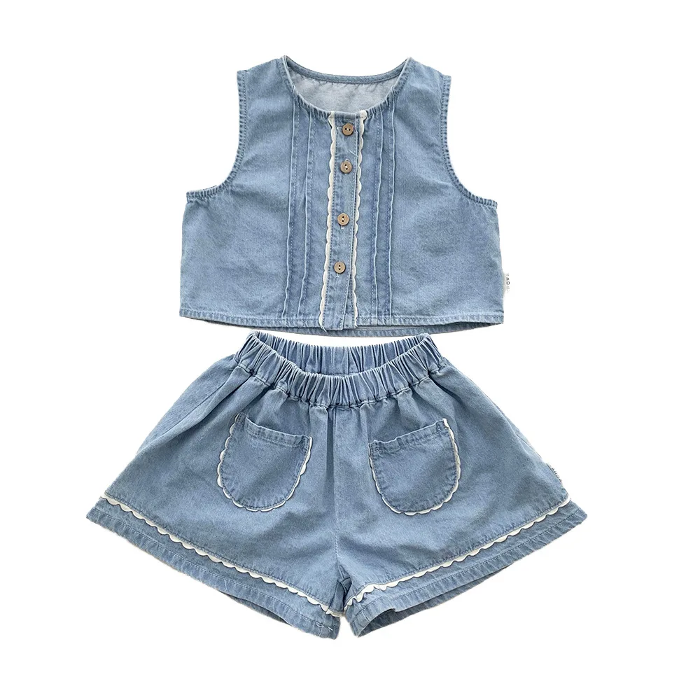Summer New Baby short Sleeve Clothes Set Children Girls vest shorts set cotton denim cardigan shorts baby girl clothes set