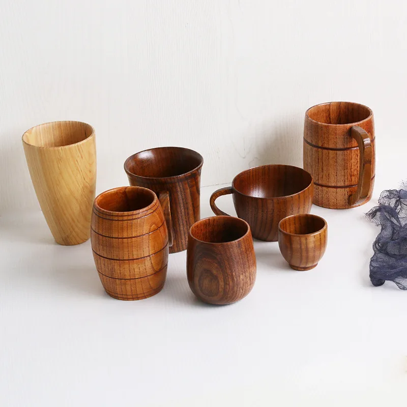 Factory direct can custom logo eco-friendly solid vintage jujube wood grain Big belly wooden coffee drinking tea cup