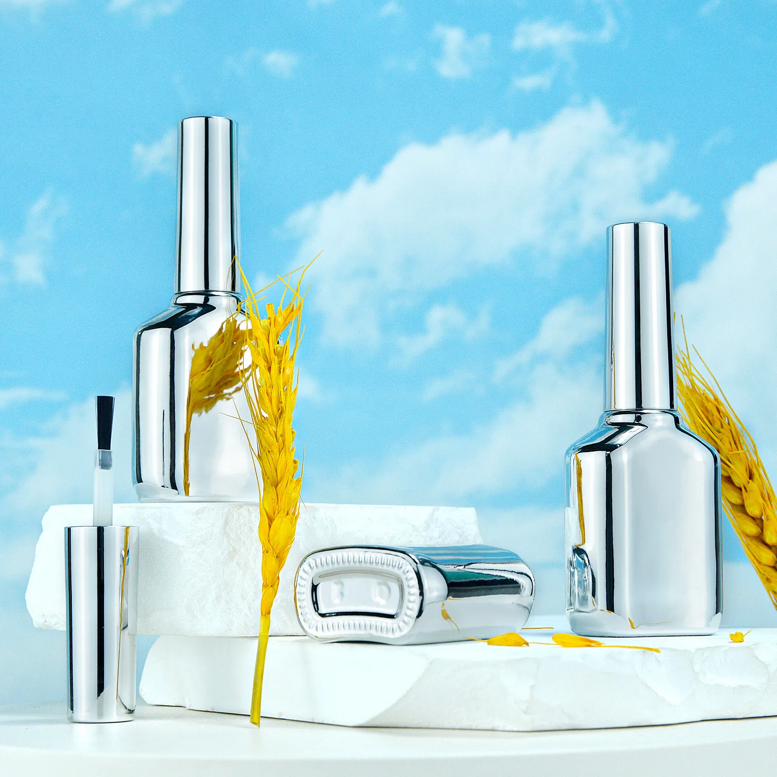 Luxury Stock Silver Empty Nail Polish Bottle For Top Coat Electroplate Uv Gel Nail Polish Glass Bottle With Silver Cap Brush