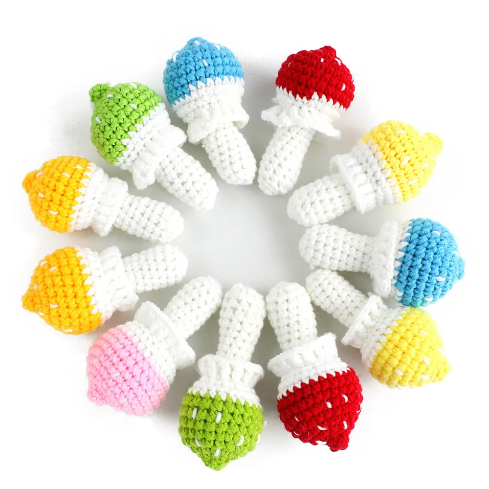 Multi colors small mushroom handmade crochet rattle toy for baby OEM custom cute crochet fruit
