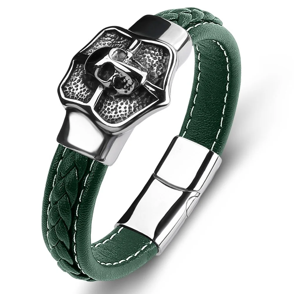 Custom Simple Vintage Braided Single Leather Bracelet Magnetic Tungsten Carbide Skull Bangle Mens