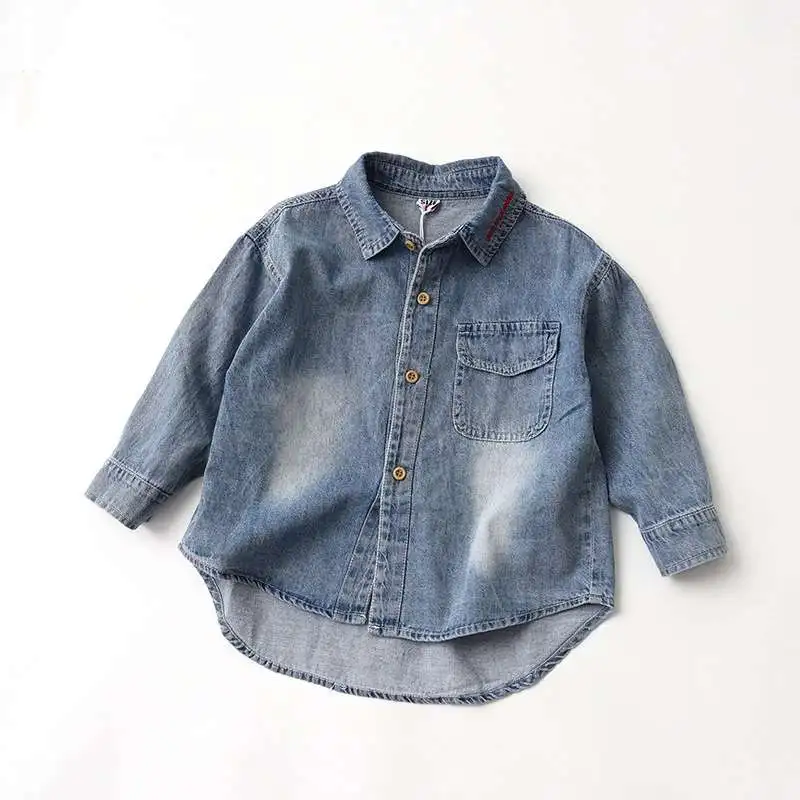 Washed light blue denim tops soft wear fall denim shirts for kids