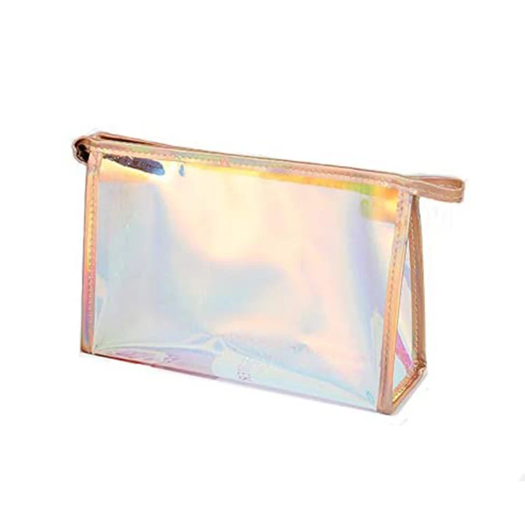 Custom size waterproof women laser holographic flap transparent cylindrical pvc toiletries cosmetic bag zipper bag