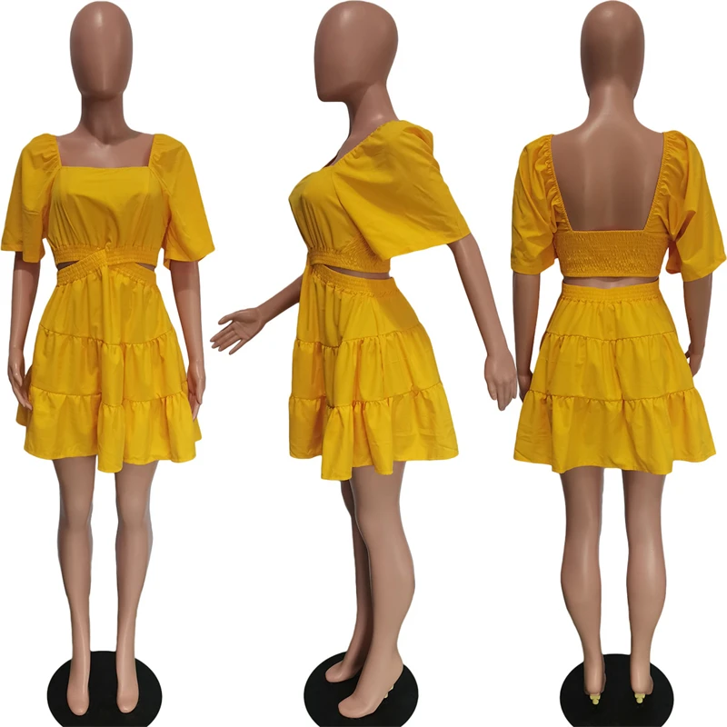 2024 summer frock design women lady modest elegant casual yellow square collar hollow out waist mini dress collection for women