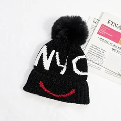 Kids Winter Chenille Knitted Skull Cap NYC Jacquard Letters Fashion Pom Pom Toque Boy Girls Soft Warm Cuffed Beanie Hats