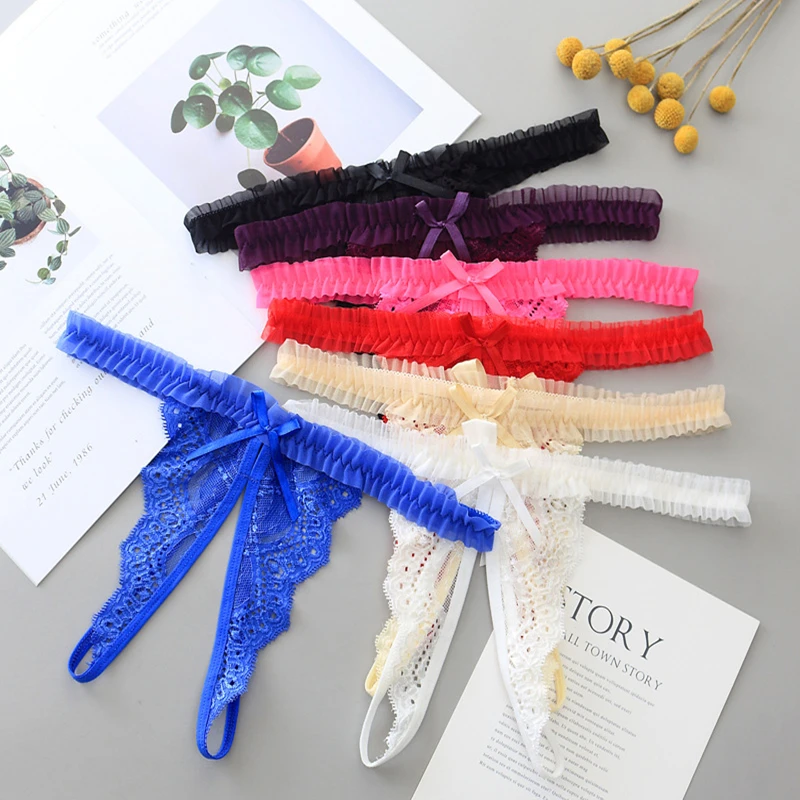 Temptation Transparent T-back Breathable Ultra-thin Quick Dry Mesh G-string Ladies Open Crotch Bowknot Lace Thongs