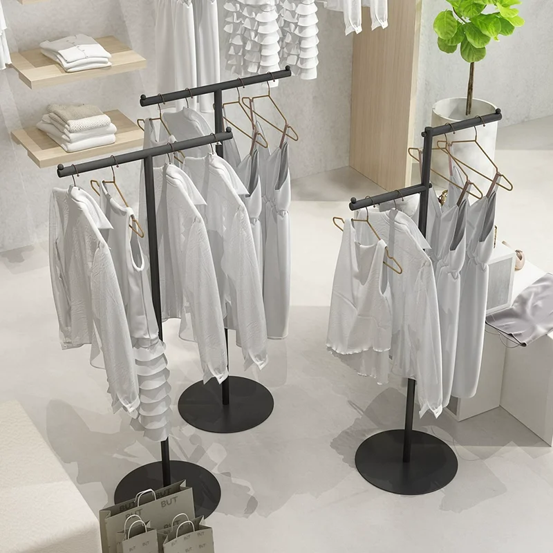 Custom Clothing Store Single Pole Metal Floor Standing Clothes Trousers Dress Display Rack Stand With Round Base
