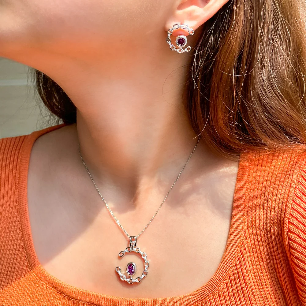 8 Colors Fashion Jewelry Sets Black CZ Crystal Half Round Circle Moon Cuban Chain Link Women Earrings and Necklace Memorial Day