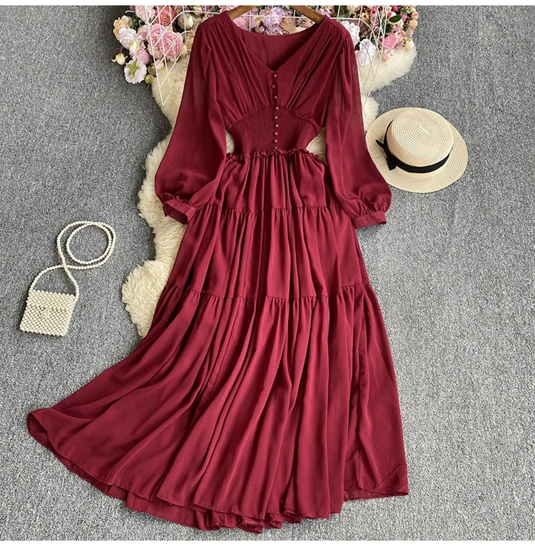 D9787  New 2023 Autumn V Neck Long Sleeve Slim Waist Patchwork Midi Dress Women Dresses Clothing Wholesale 10