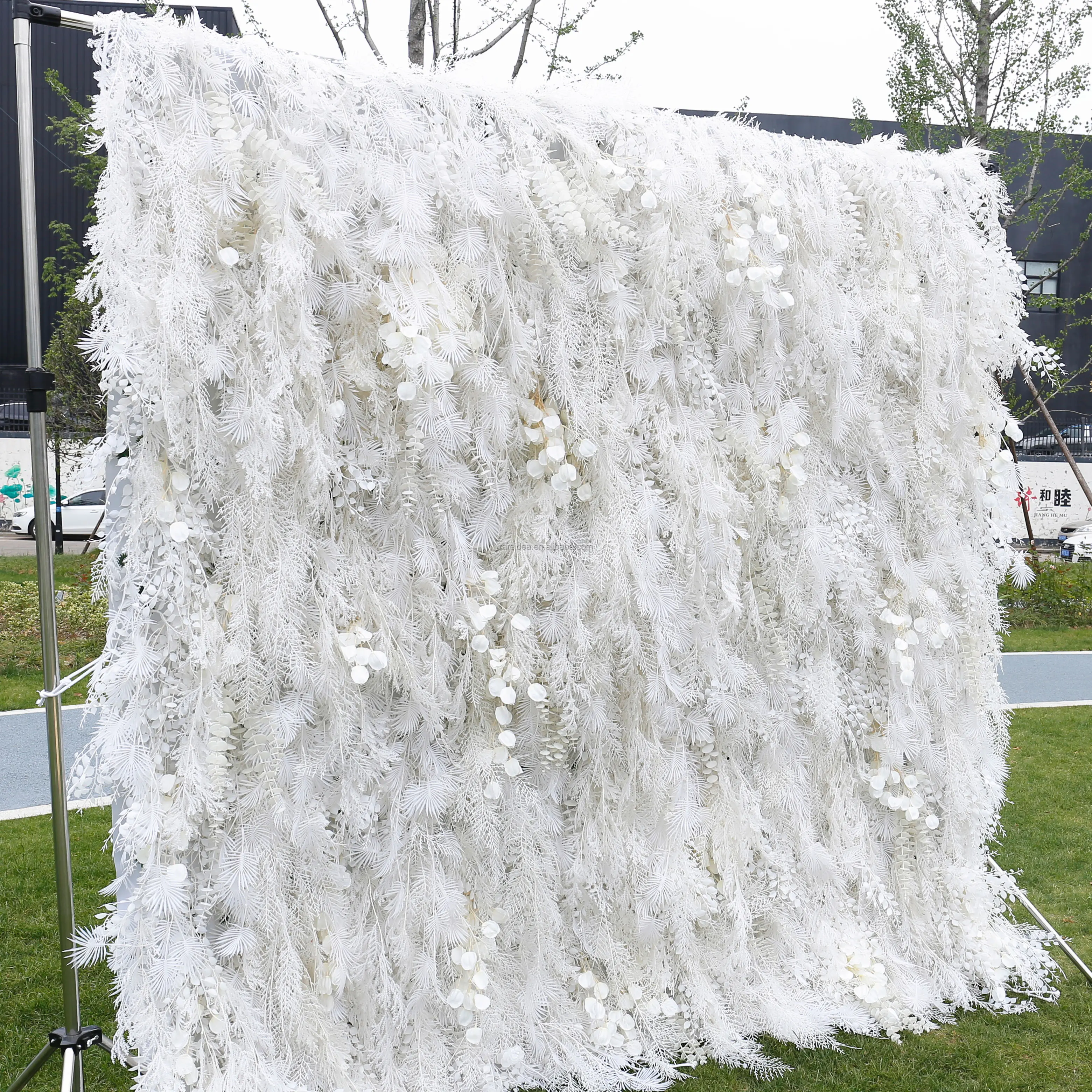 Wedding Decor Artificial Feather Grass Flowewall Panel Art Fabric Cloth 3d Roll Up Pampas Grass Flower Wall Backdrop