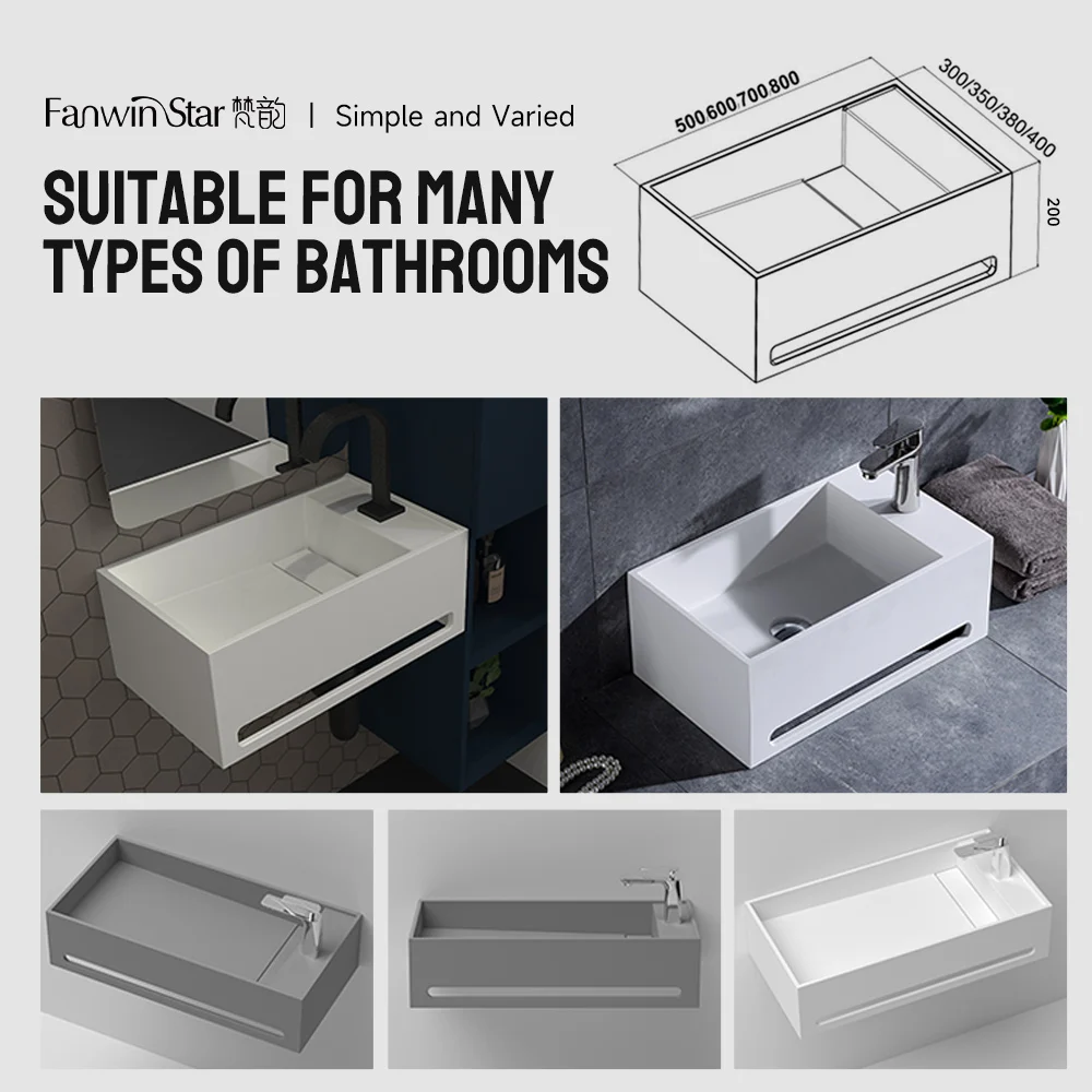Wall Hung Wash Basin Floating Sink Fanwin Wall Hung Rectangle Console Sink Bathroom Artificial Stone Modern 3 Years 1 Pcs T/T