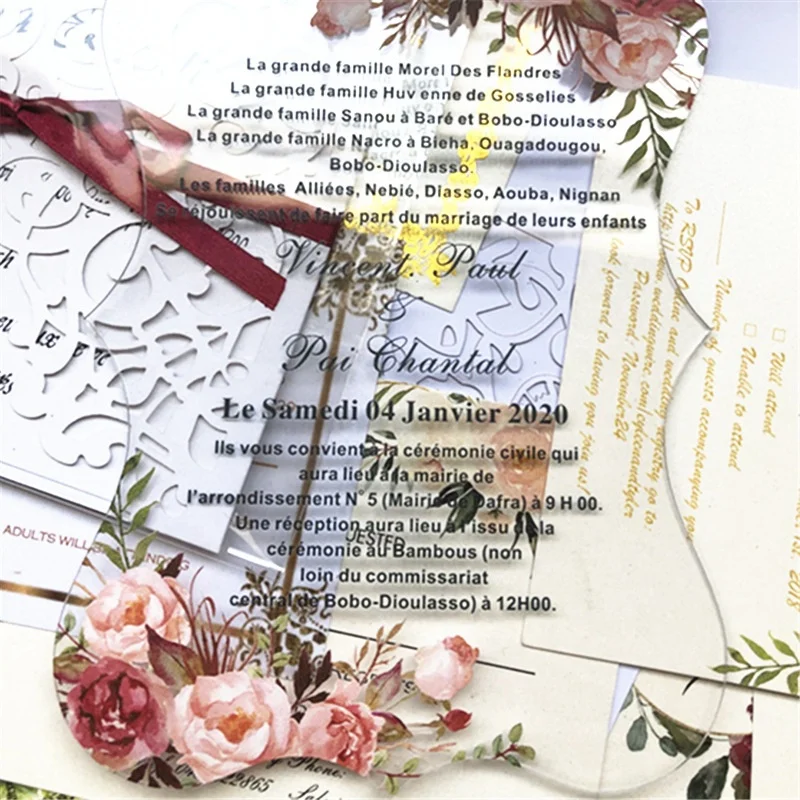 Роскошный прозрачный Элегантный цветочный узор на заказ акриловая Свадебная пригласительная карта