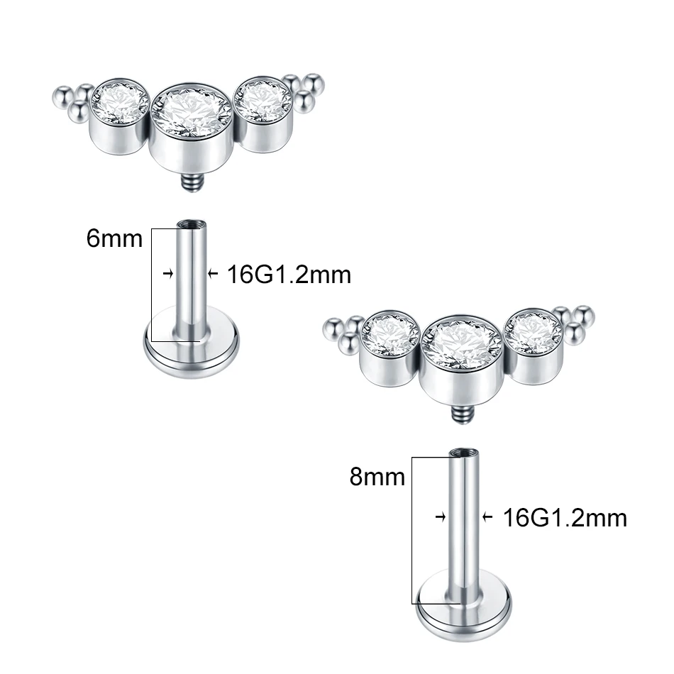 ASTM F136 Titanium 16G Internal Threaded CZ Labret Monroe Lip Piercing Ear Cartilage Tragus Piercing Earring Studs Jewelry
