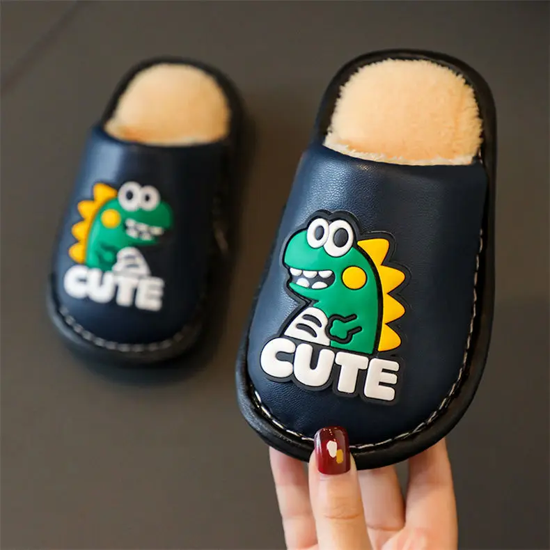 Children Cartoon Dinosaur Design Waterproof Cute Plush Shoes Slipper Comfort Children Indoor Home Kid Fur Slippers