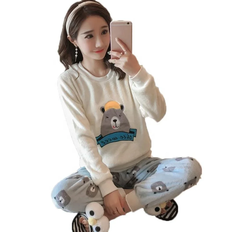 
Factory Supply Fashion Women Cute Cartoon Velvet Long Sleeve Pyjamas Sleepwear Set 