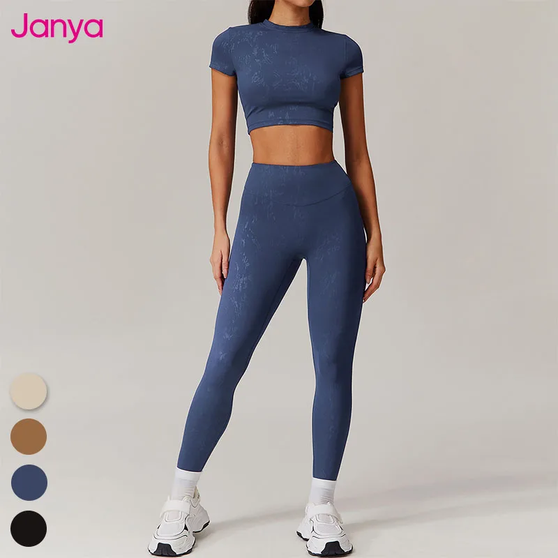 Janya Outdoors Sports Outfits Breathable Slim-fitting Gold Print High Neck Crop Top + No Front Seam Yoga Leggings Set For Women