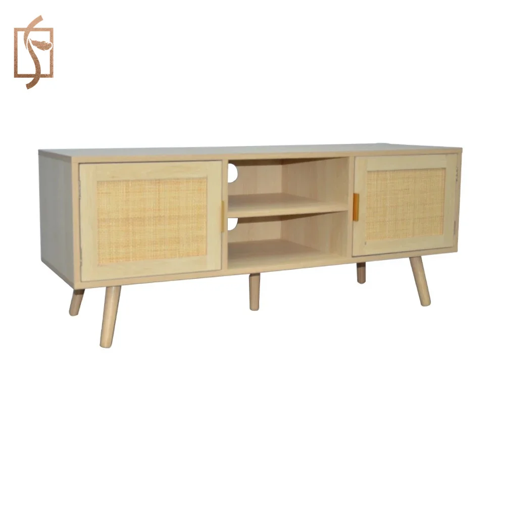 Natural Wood Cabinet Rattan Living Room Furniture Panel Accent Storage Cabinet Rattan Console Table