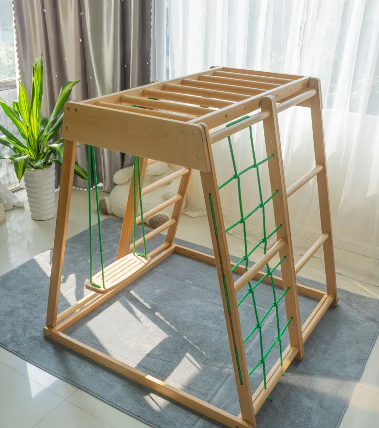 Kids sports beech plywood indoor slide wooden baby climbing frame swing combination small slide