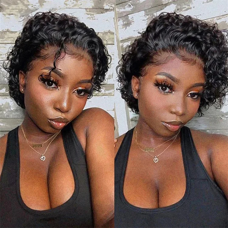 Cheap price wholesale human hair short peruvian bob wigs pixie curls lace frontal wig with baby hair 12a grade raw hair