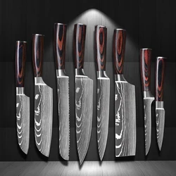 8 inch damascus pattern stainless steel knife set 8pcs kitchen knife set with box