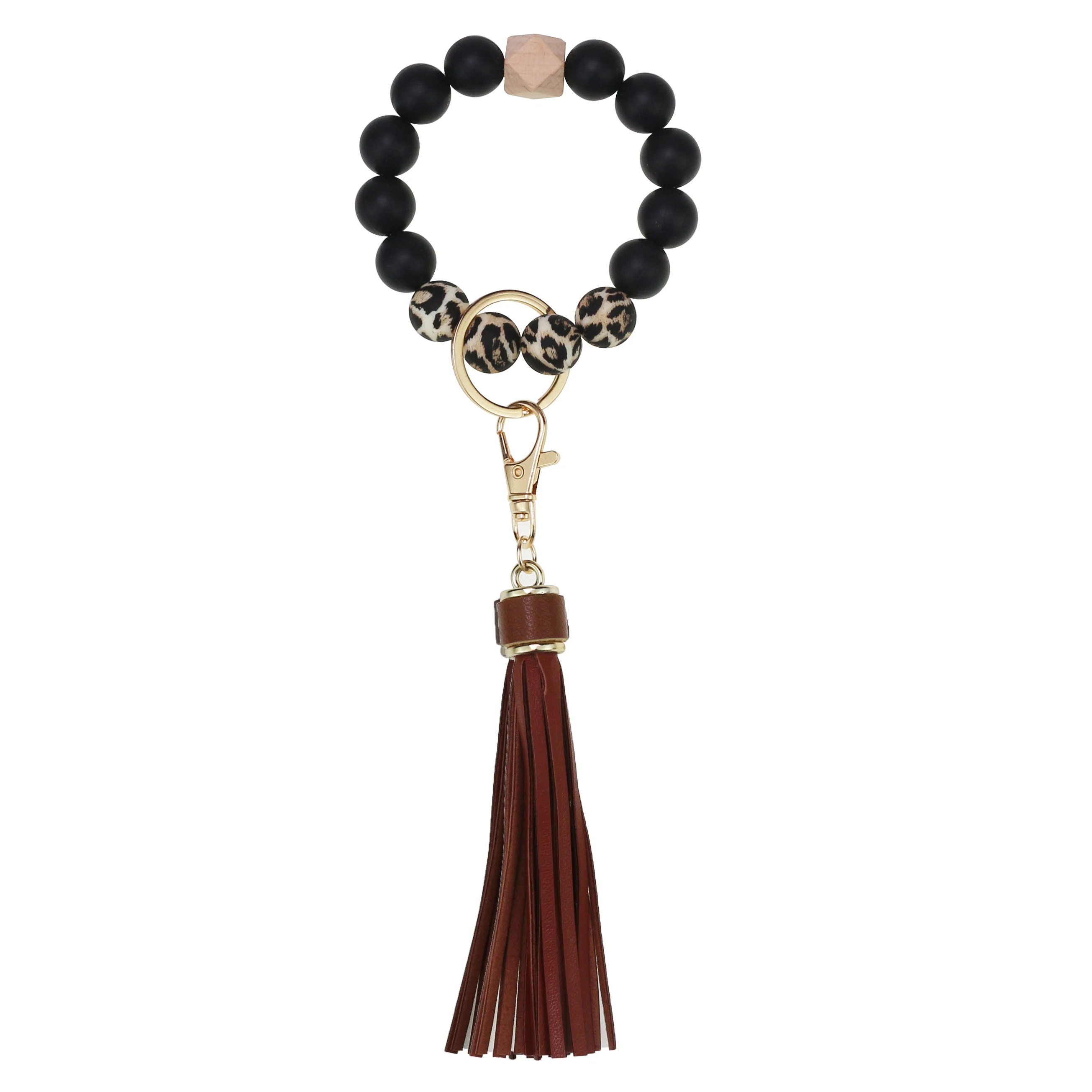 Модный деревянный кожаный браслет с кисточкой, браслет-брелок с силиконовым бусином, брелок-браслет для женщин