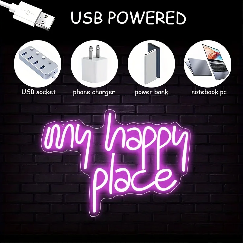 1 pc My Happy Place Neon Sign LED Light up for Wall Decor Pink Neon Lights Neon Letters Room Aesthetic Accessory