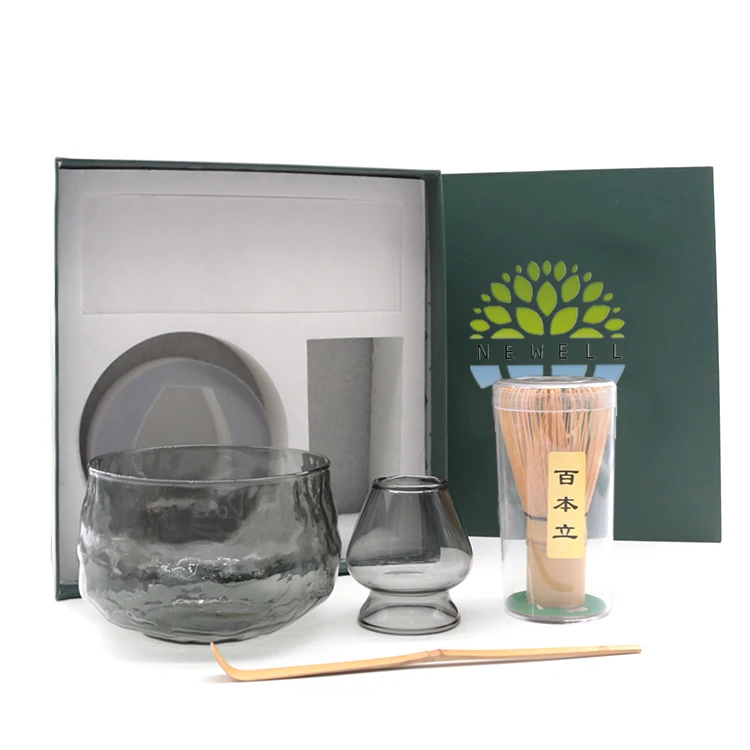 Newell Ceremonial Tea Tool Whisking Chawan Black Textured Glass Handmade Pouring Spout Bamboo Whisk Matcha Bowl With Stand