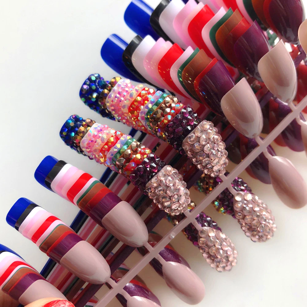 
Wholesale 14Colors Custom Fake Nails Full Rhinestones Sequins Stiletto Press On False Nails Artificial Nails Art 24pcs Tips 
