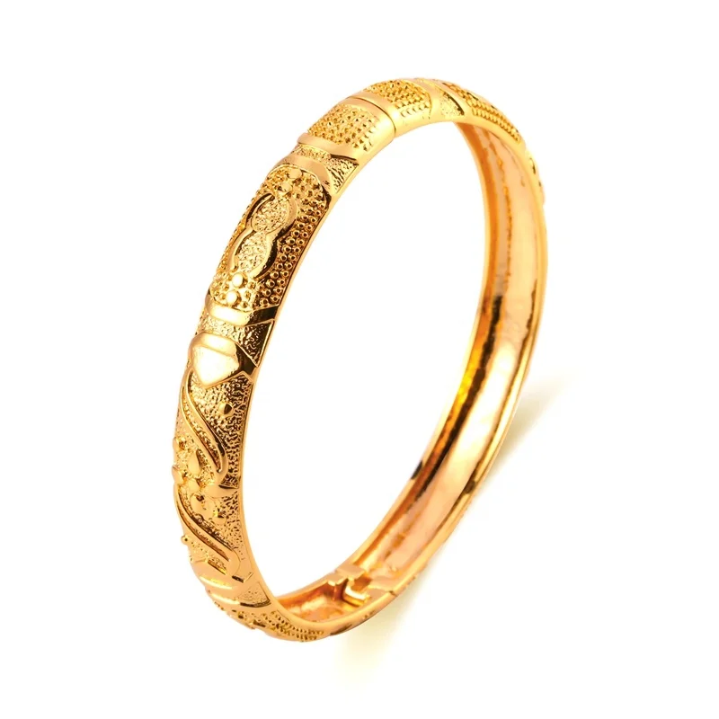 Wholesale customized high quality indian fashion jewelry 22K Gold Plated Brass lathe carved flower bangle bracelet for women