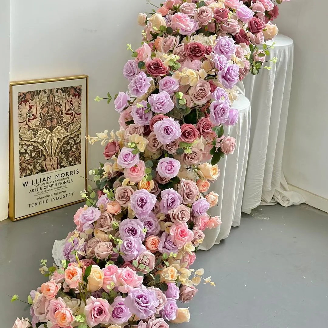GIGA  high quality china customized silk artificial purple white lavender and maroon flower runner for wedding decorations