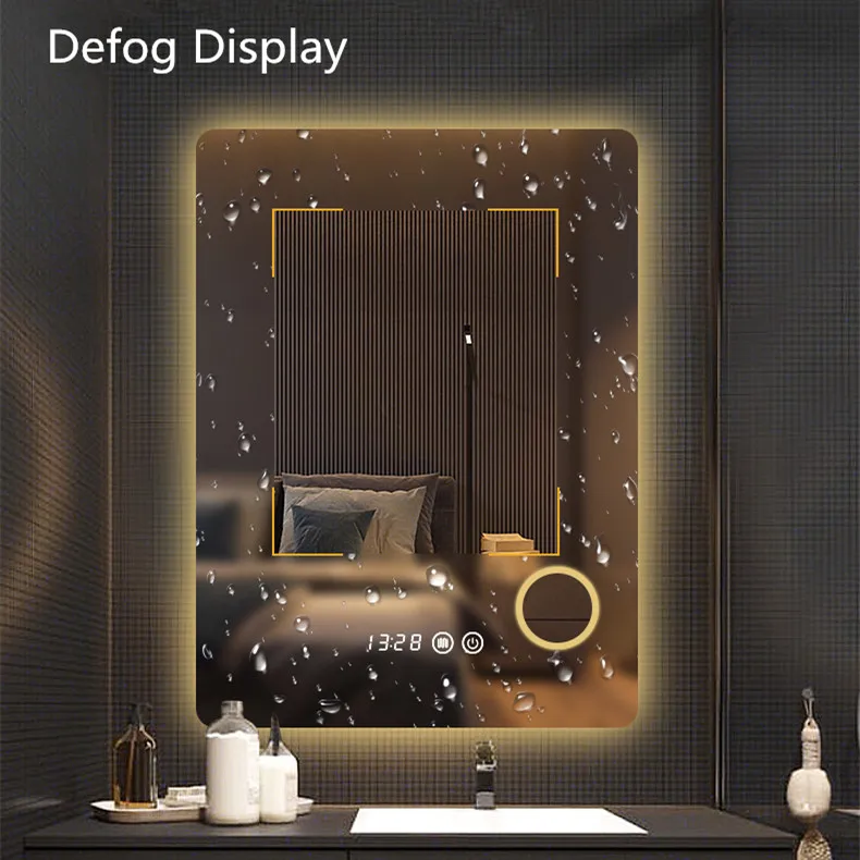 Hotel and home  defog led mirror bathroom smart light rectangle mirror with Touch Sensor/Time temperature Display