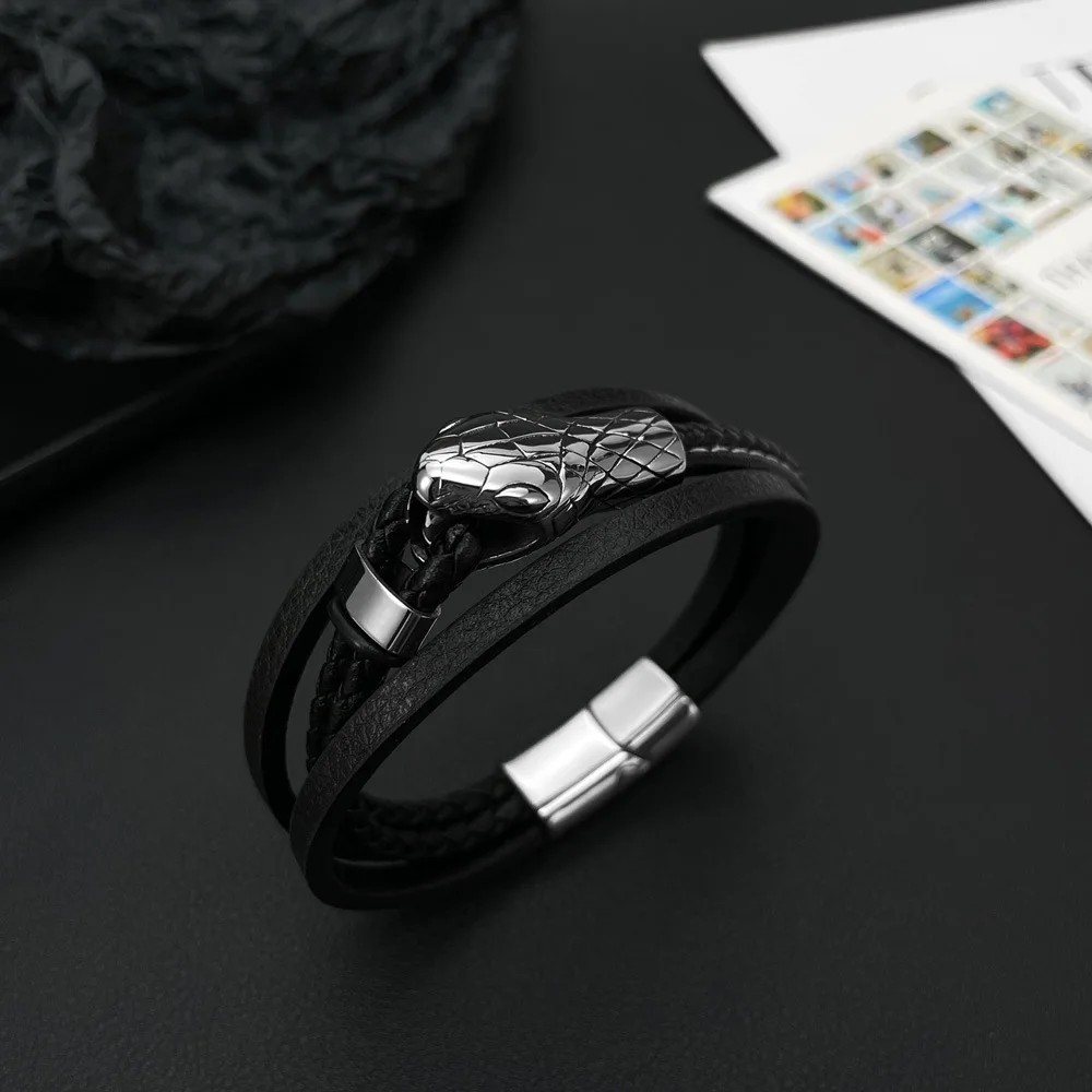 Magnetic Clasp Python Snake Charm Mens Black Braided Genuine Leather Bracelet