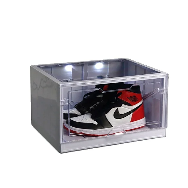 
Clear Display Vioce Control Easy Access Stackable Shoe Box Customized logo Pull Out Sneaker Storage with Led Light 