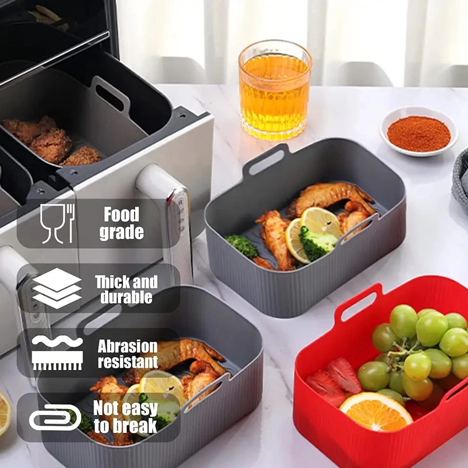 Associate Silicone Liners Rectangular Air Fryer Dual Baskets,Basket Airfryer Rectangle Silicone Pot Reusable Baking Tray
